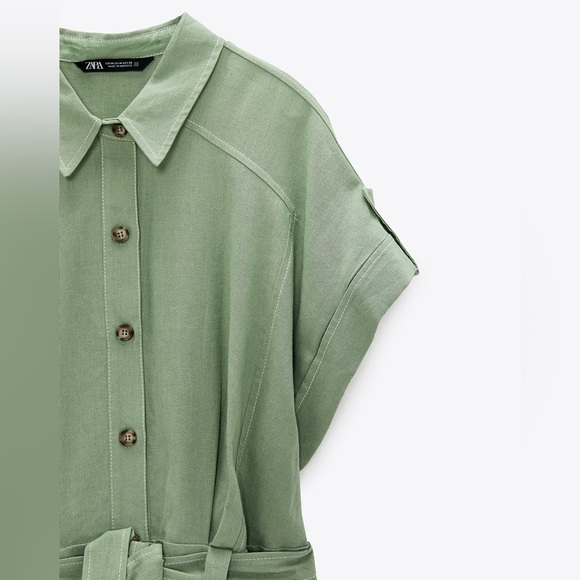Zara Linen TOPSTITCHED Short JUMPSUIT Romper w/ Belt Green Size XS NEW - Picture 8 of 8